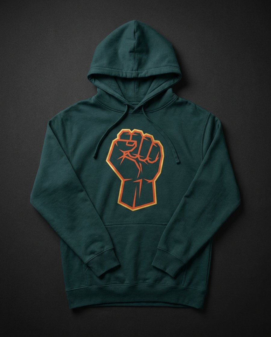 Monke Mode Hoodie: dark teal pullover hoodie with an orange and gold fist emblem on the chest